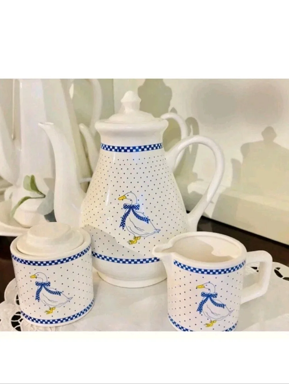 Vintage Blue Country Goose Tea Coffee Pitcher Mug Creamer Set Duck Cottagecore